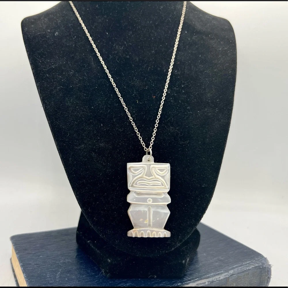 Vintage reversible carved mother of pearl tiki pendant tribal unique 18”
